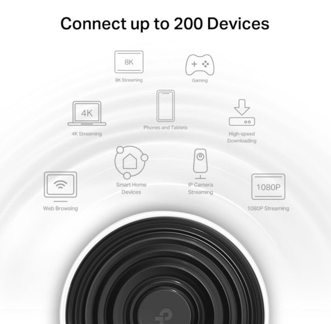 TP-Link Deco XE75 AXE5400 WiFi 6E mesh router 1-pakke, understøtter op til 200 enheder, cirkulær grafik med ikoner.