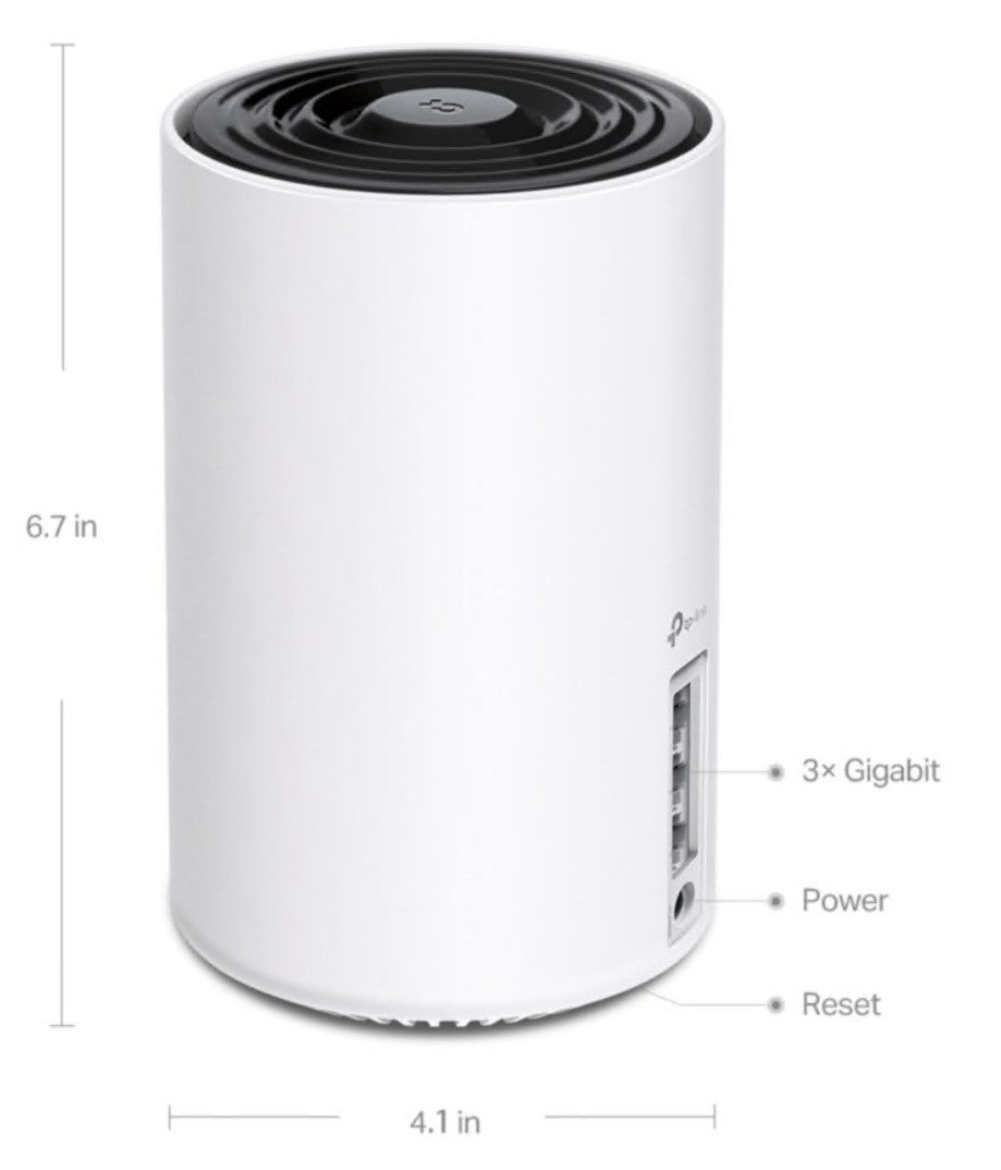 TP-Link Deco XE75 AXE5400 WiFi 6E mesh router, cylindrisk, hvid, tre gigabit porte, powerport og resetknap på siden.