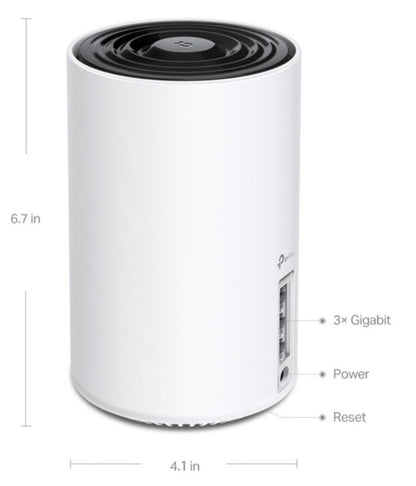 TP-Link Deco XE75 AXE5400 WiFi 6E mesh router, cylindrisk, hvid, tre gigabit porte, powerport og resetknap på siden.