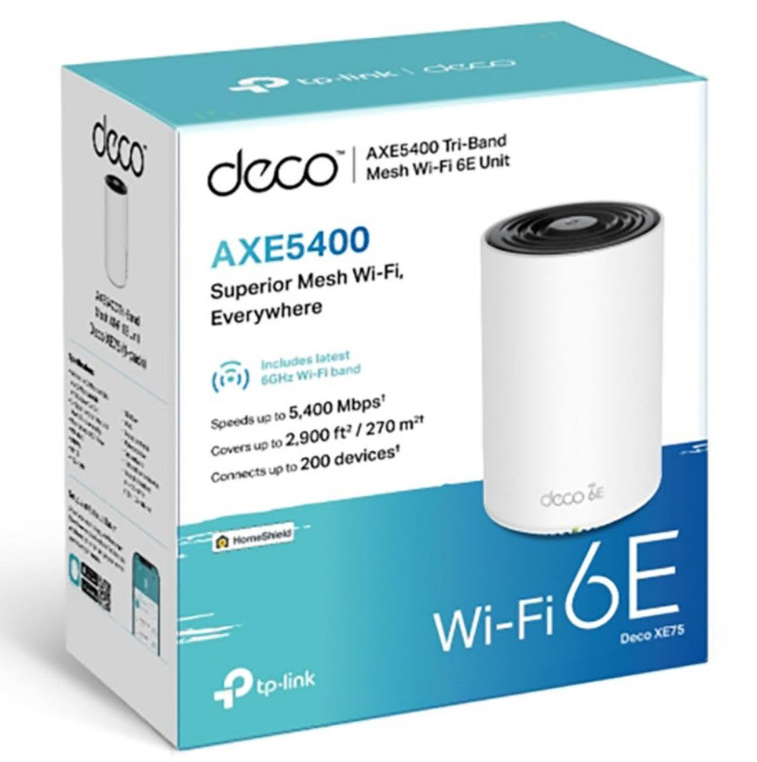 Tp-Link Deco XE75 AXE5400 1-pak, tri-band Wi-Fi, op til 5400 Mbps, dækker 2900 sq. ft., understøtter 200 enheder.