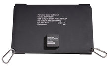 Denver SOP-10200 solpanel 20W sort bærbar med QuickCharge 3.0, to metal-karabinhager, hvid produktinfo, modul i midten.