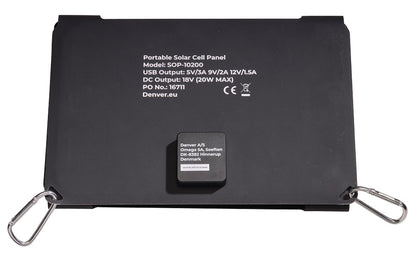 Denver SOP-10200 solpanel 20W sort bærbar med QuickCharge 3.0, to metal-karabinhager, hvid produktinfo, modul i midten.