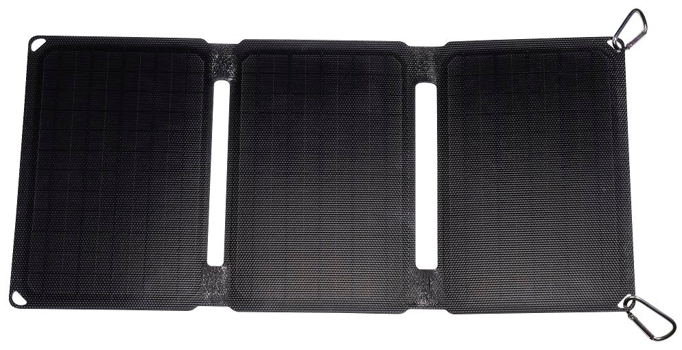 Denver SOP-10200 foldbart sort solpanel 20W med tre segmenter, metal karabinhager og QuickCharge 3.0-understøttelse.