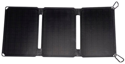 Denver SOP-10200 foldbart sort solpanel 20W med tre segmenter, metal karabinhager og QuickCharge 3.0-understøttelse.
