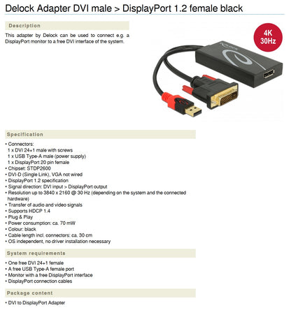 DVI til DisplayPort 1.2 adapter 4K, sort DVI han til DP hun, understøtter 4K 30Hz, inkl. USB/lydkabler og indhold.