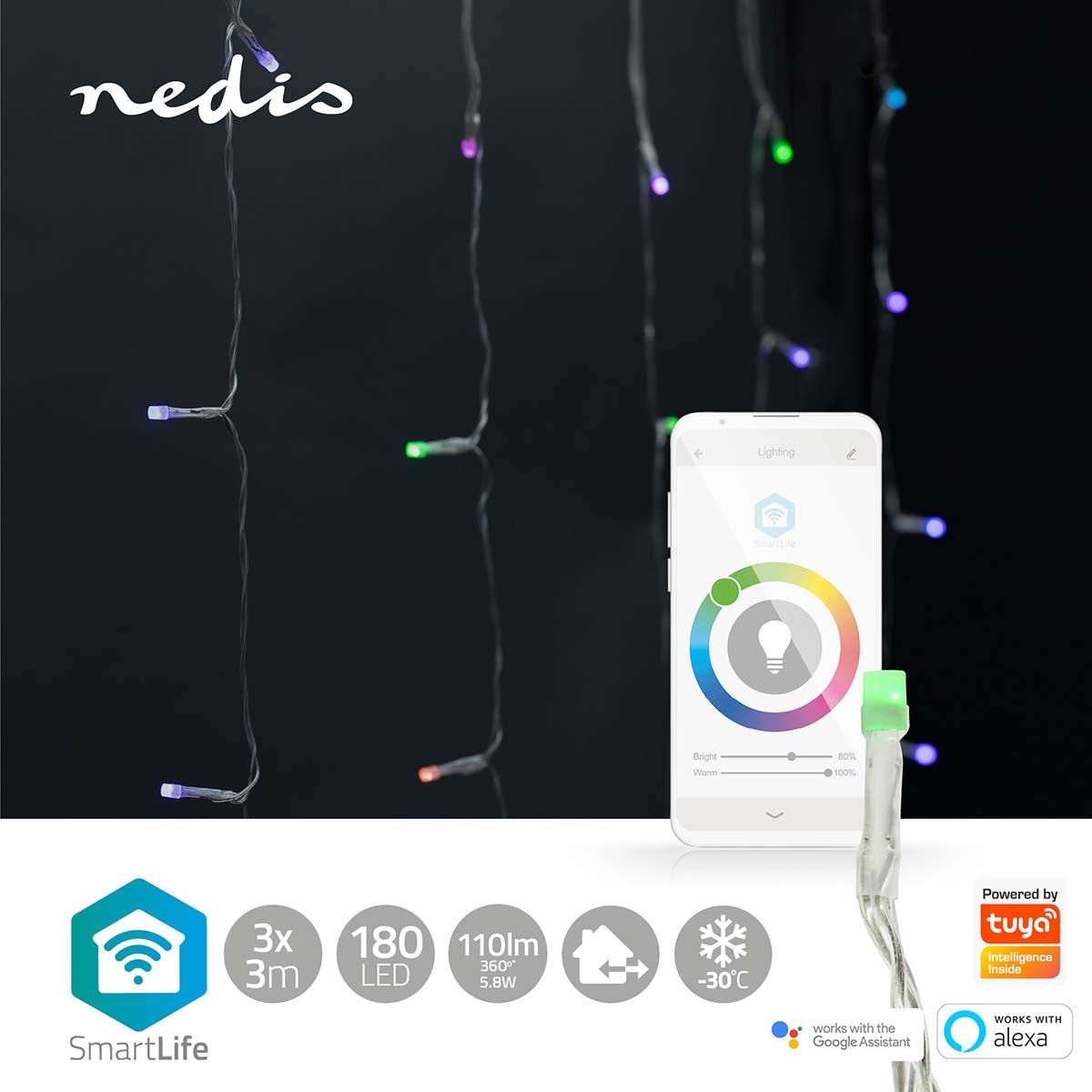 Nedis SmartLife LED gardin lyskæde RGB 180 LED 3m vises med app på smartphone, Google Assistant og Alexa logo.