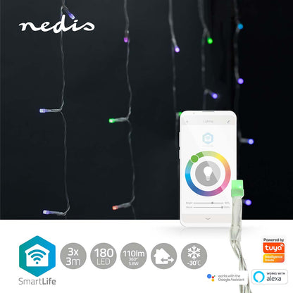 Nedis SmartLife LED gardin lyskæde RGB 180 LED 3m vises med app på smartphone, Google Assistant og Alexa logo.