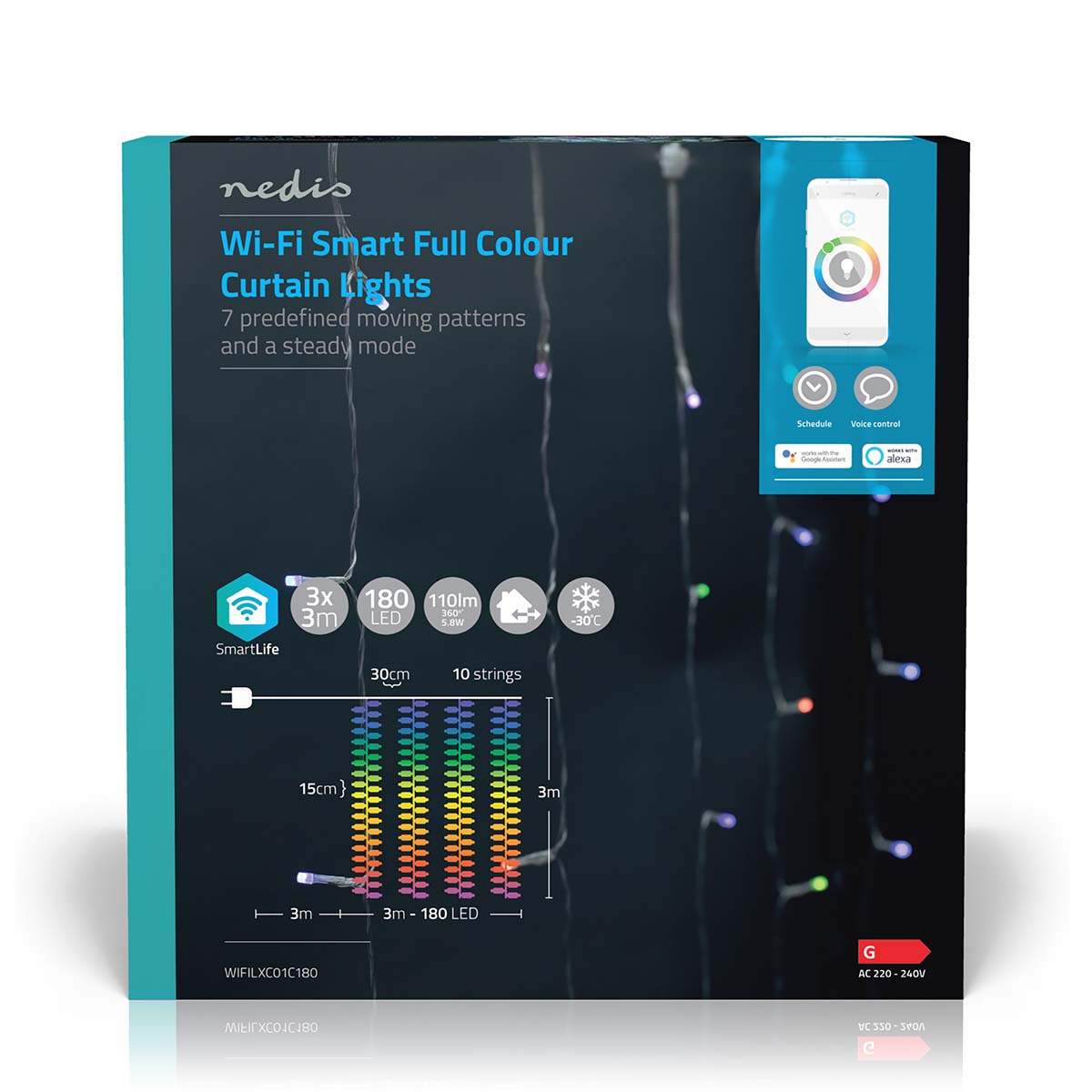 Nedis SmartLife LED Gardin lyskæde RGB, 180 LED, 3x3m, 10 strenge, app- og stemmestyring, æske med farverig LED-illustration.