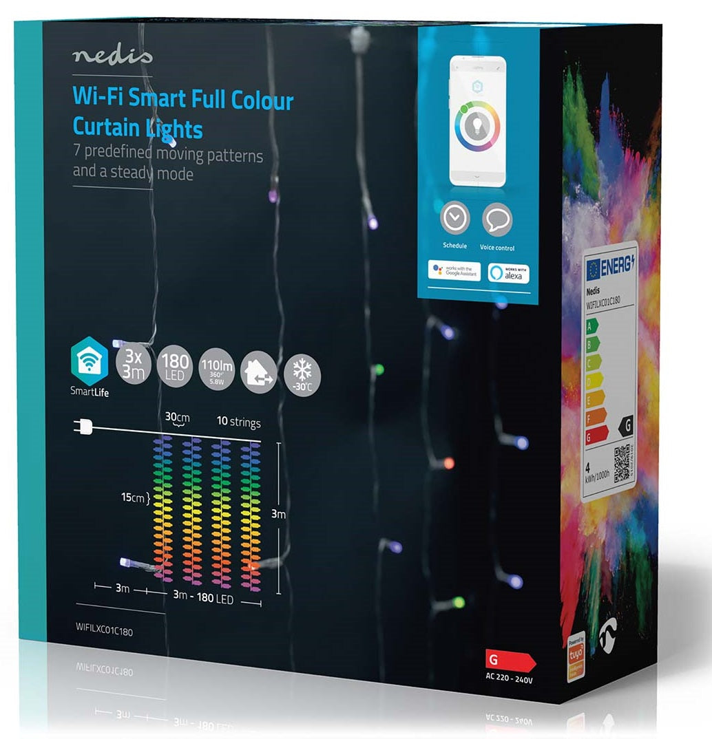 SmartLife LED gardinlyskæde RGB 180 LEDs 3x3 m stemmestyring Google Assistant Alexa 7 lysmønstre inde/udendørs -30°C.