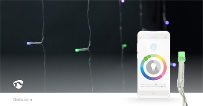 Nedis SmartLife LED Gardin lyskæde RGB 3 m 180 LED Wi-Fi, justerbar farve og lysstyrke, Nedis logo synligt.