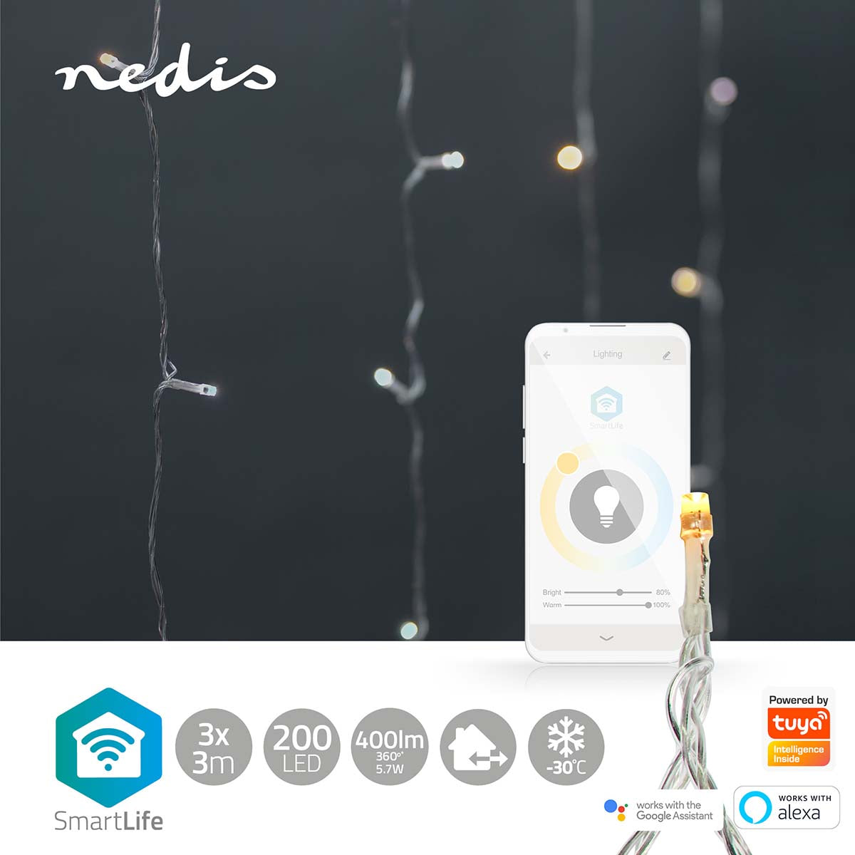 Nedis SmartLife LED gardin lyskæde 200 LED varm/kold hvid, dæmpbar, WiFi, 3x3m, indendørs/udendørs, app vist på mobil.