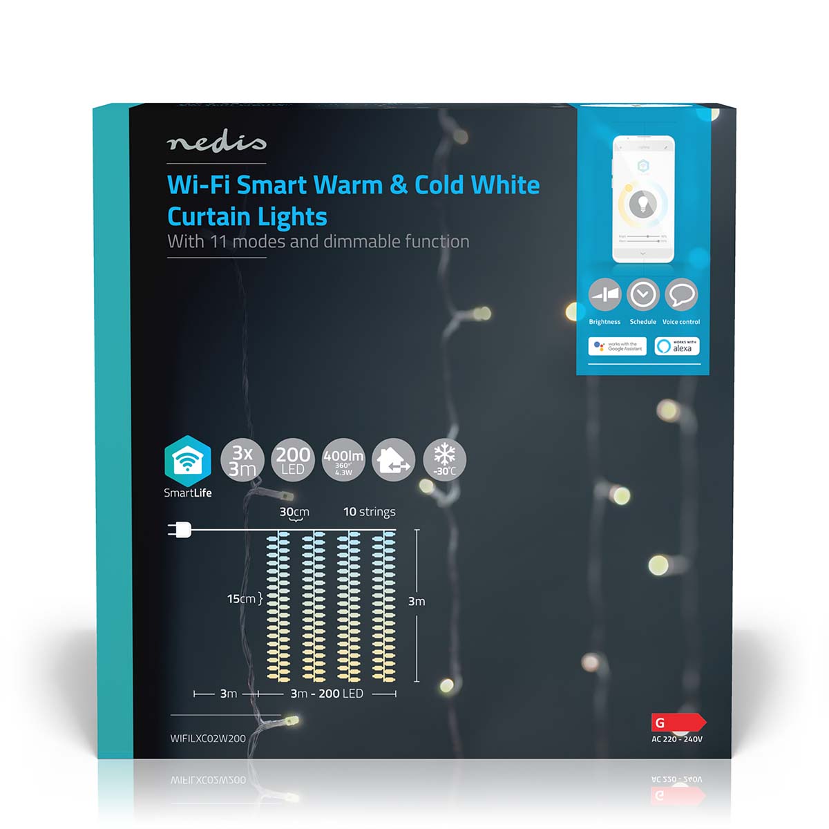 Nedis SmartLife LED Gardin lyskæde, varm/kold hvid, 200 LED, 3 m, dæmpbar, wifi styring, 11 tilstande.