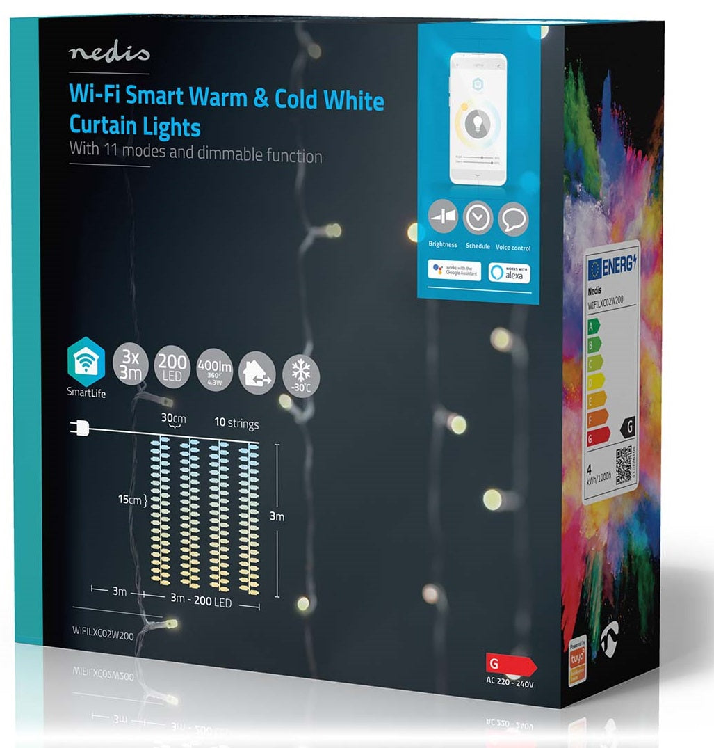 SmartLife LED gardin lyskæde 3x3m, 200 LED, varm/kold hvid, dæmpbar, 11 lysindstillinger, stemmestyring, energiklasse G.