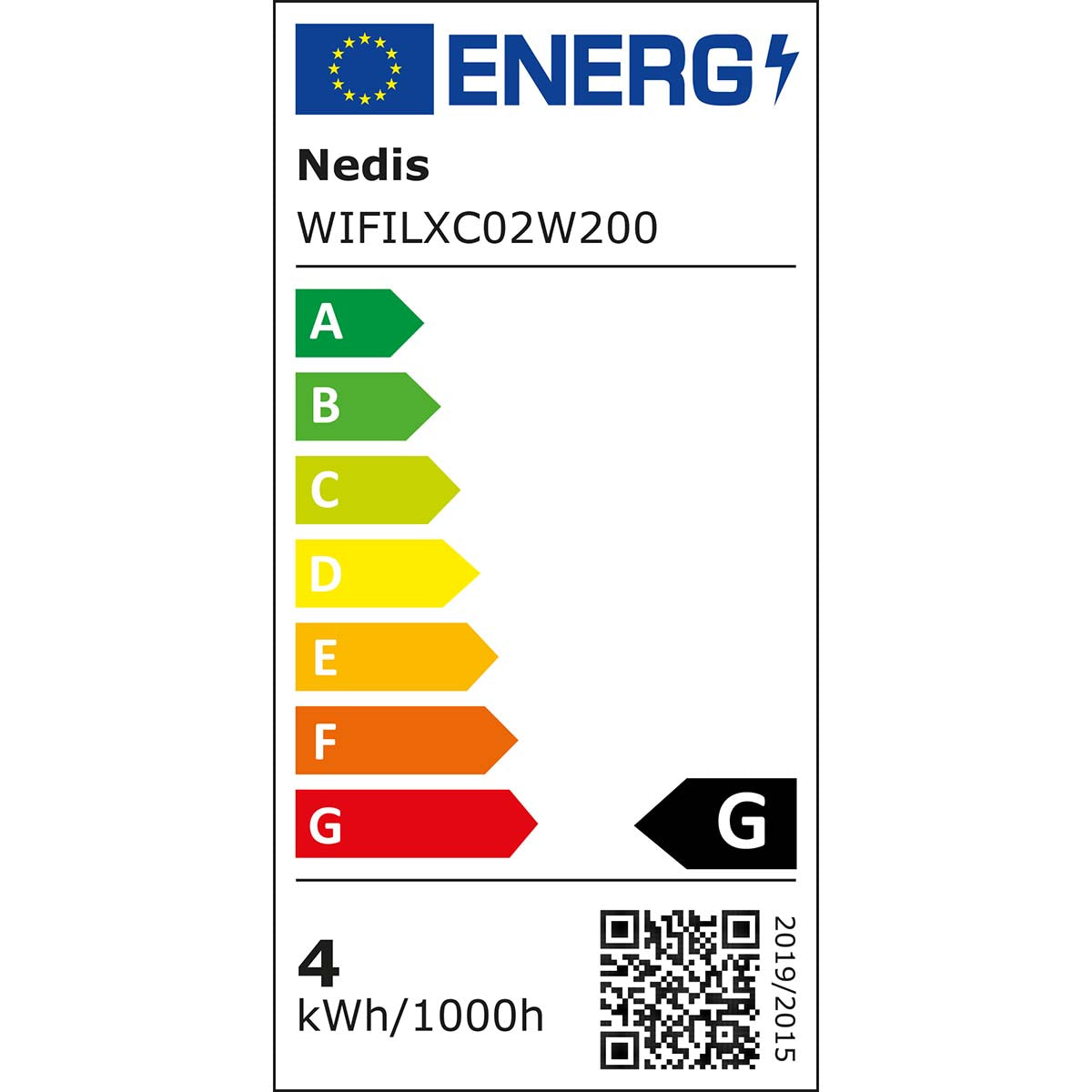 Energimærke til Nedis SmartLife LED Gardin lyskæde, varm/kold hvid, 200 LED, 3 m, G-rating, wifi-styring, 4 kWh/1000h.