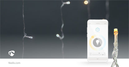 Nedis SmartLife LED Gardin lyskæde varm/kold hvid 200 LED 3 m, app med lysstyrke slider, Nedis.com logo i hjørnet.