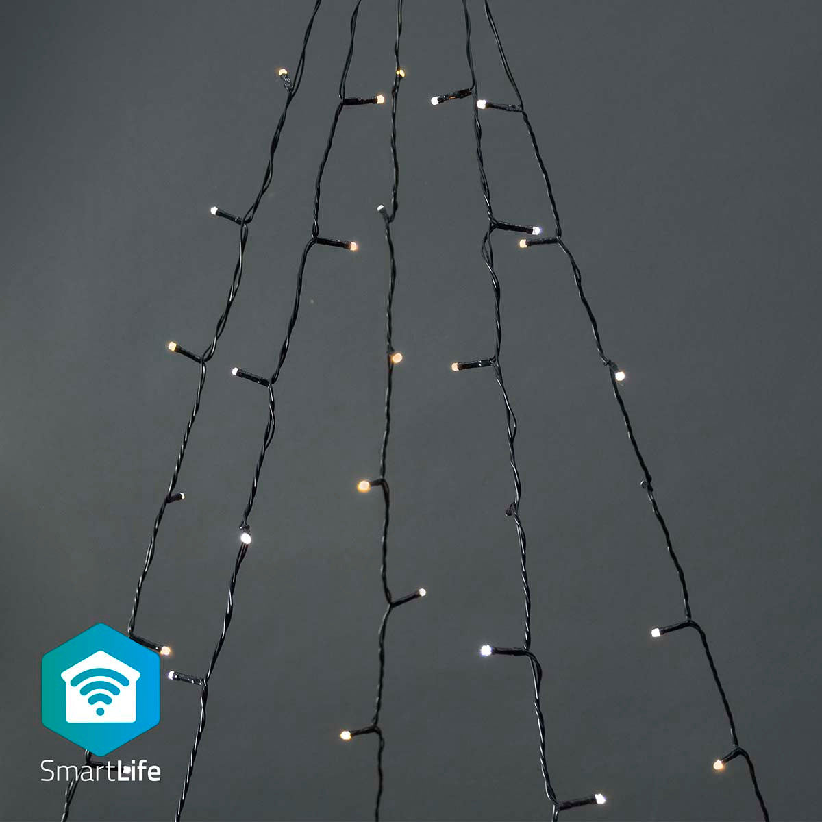 SmartLife WiFi Træ LED lystræ 5x4 m, 200 hvide dioder (varm til kold hvid), blå SmartLife-logo med Wi-Fi-symbol nederst.
