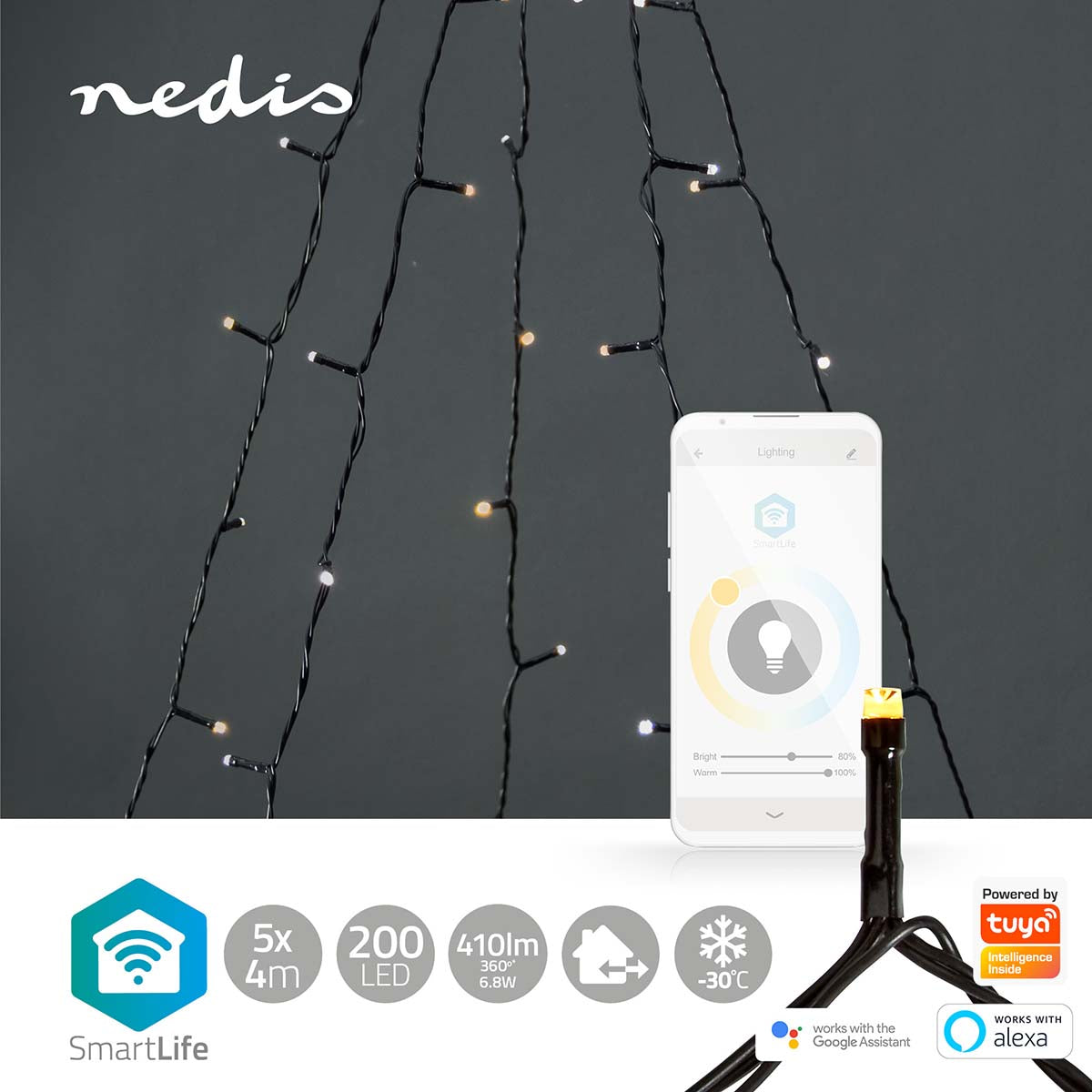 Nedis SmartLife WiFi træ lyskæde 5x4m 200 LED 410lm varm-til-kold hvid, vejrbestandig, appstyring, Google Alexa.