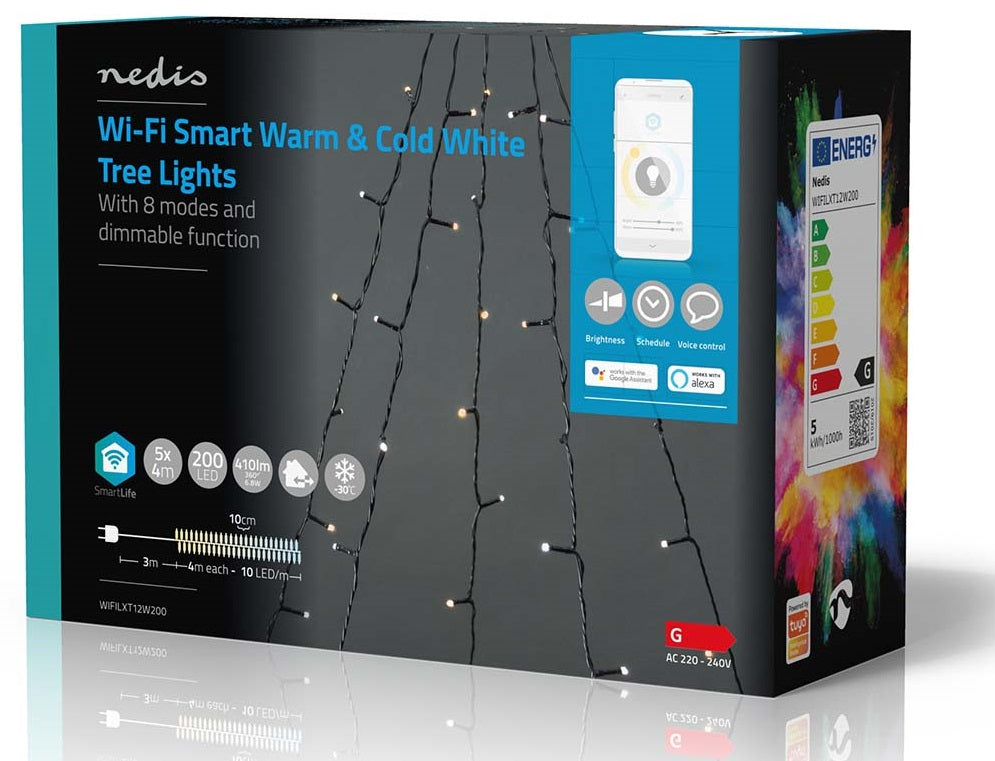 Nedis SmartLife WiFi lystræ 200 LED 5x4m varm/kold hvid dæmpbar 8 modes app-styring energimærke til udendørs brug.