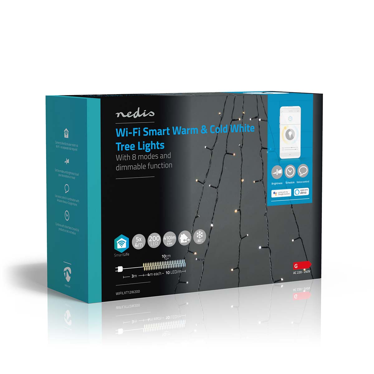 Nedis SmartLife WiFi LED træ 200 LED 5x4m varm/kold hvid, 8 tilstande, dæmpbar, appstyring, udeikon på blå/sort æske.